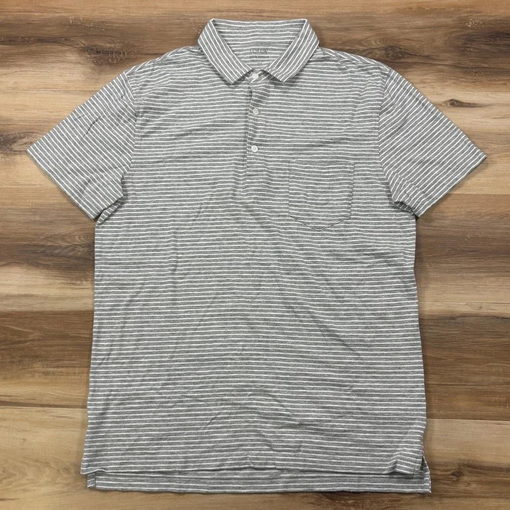 J. Crew Polo Shirt Mens Large Minimalist Slub Cotton Classic Fit Grey Striped